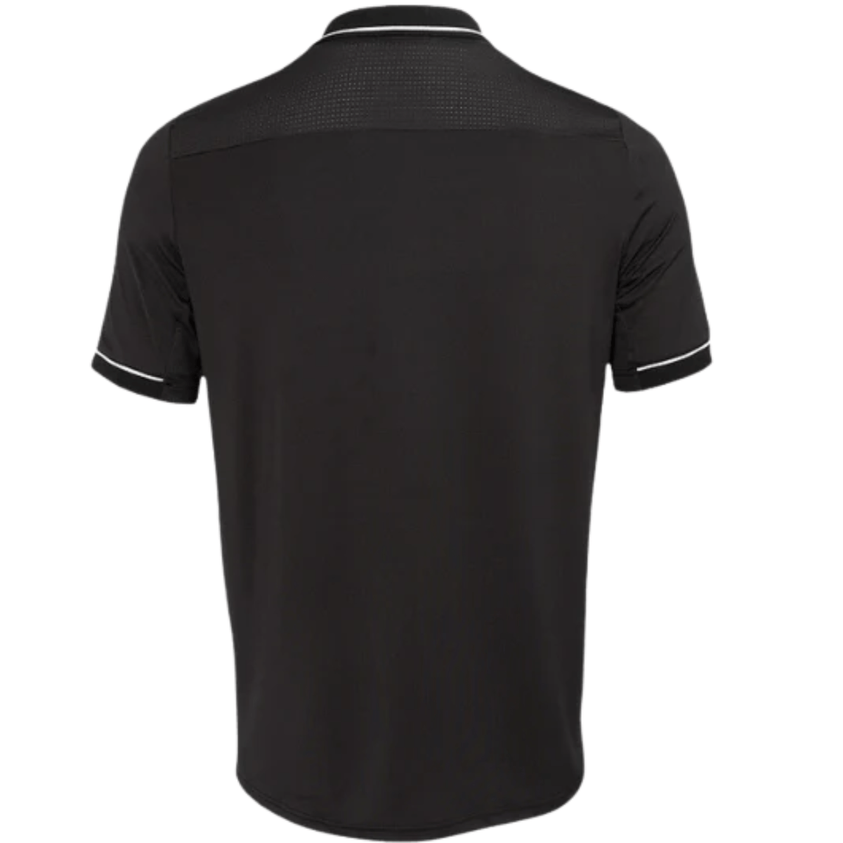 Achterzijde van de zwarte JDH Carbon Pro polo met witte streep op de mouw