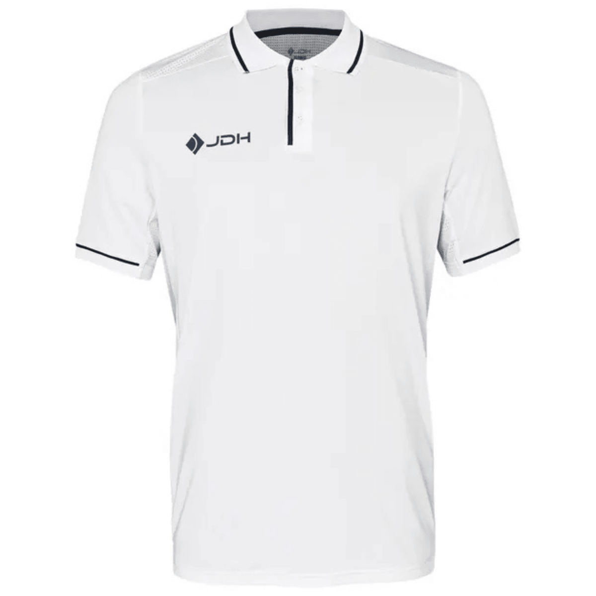 JDH Carbon Pro polo voor heren in wit met donkerblauwe bies, vooraanzicht