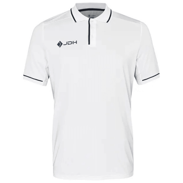 JDH Carbon Pro polo voor heren in wit met donkerblauwe bies, vooraanzicht
