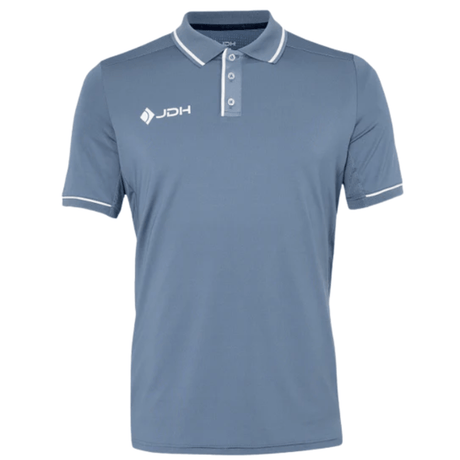 JDH Carbon Pro polo voor heren in grijsblauw, vooraanzicht met witte biezen