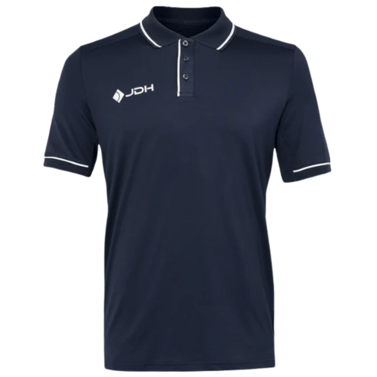 JDH Carbon Pro polo voor heren in marineblauw, vooraanzicht met witte biezen