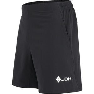 Zijaanzicht van de zwarte JDH Carbon Pro short met JDH-logo op de pijp