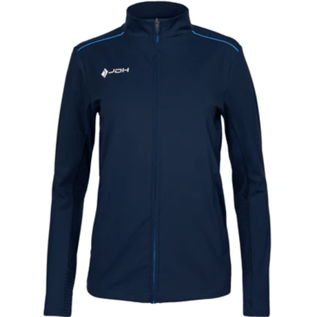 Vooraanzicht van het donkerblauwe JDH Carbon Pro damesjack met rits en blauwe schouderbies
