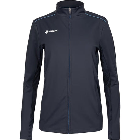 Vooraanzicht van het grijze JDH Carbon Pro damesjack met blauwe bies over de schouders