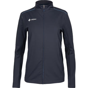Vooraanzicht van het grijze JDH Carbon Pro damesjack met blauwe bies over de schouders