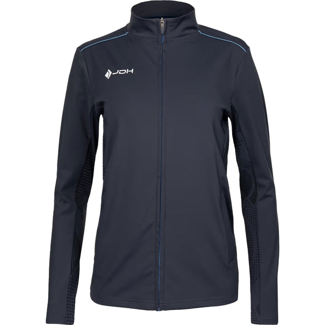 Vooraanzicht van het grijze JDH Carbon Pro damesjack met blauwe bies over de schouders