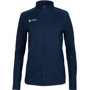 Vooraanzicht van het donkerblauwe JDH Carbon Pro damesjack met rits en blauwe schouderbies