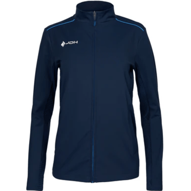 Vooraanzicht van het donkerblauwe JDH Carbon Pro damesjack met rits en blauwe schouderbies