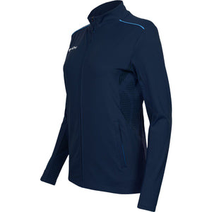 Zijaanzicht van het donkerblauwe JDH Carbon Pro damesjack met geribd zijpaneel