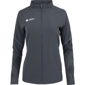 Vooraanzicht van het grijze JDH Carbon Pro Light damesjack met rits en wit logo