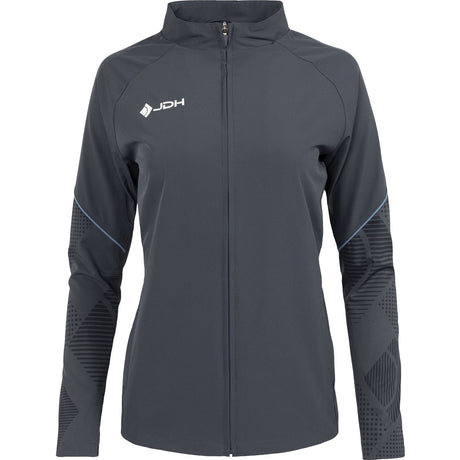 Vooraanzicht van het grijze JDH Carbon Pro Light damesjack met rits en wit logo