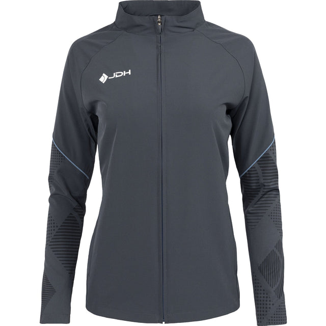 Vooraanzicht van het grijze JDH Carbon Pro Light damesjack met rits en wit logo