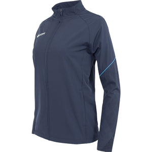 Zijaanzicht van het donkerblauwe Carbon Pro Light damesjack met blauwe lijn op de mouw