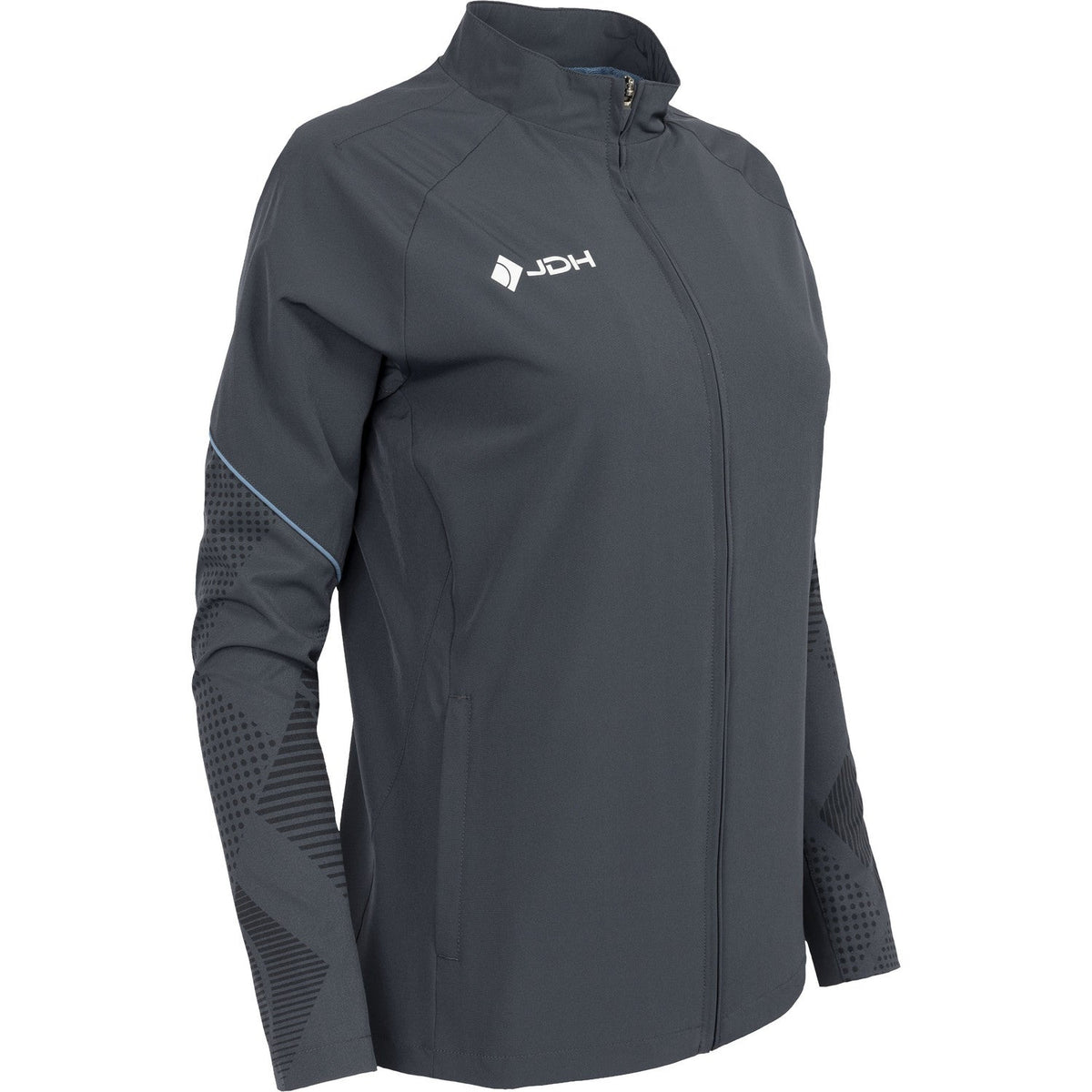 Schuin vooraanzicht van het grijze Carbon Pro Light damesjack met opstaande kraag