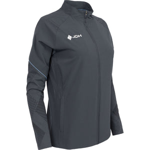 Schuin vooraanzicht van het grijze Carbon Pro Light damesjack met opstaande kraag
