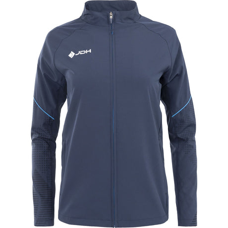 Vooraanzicht van het donkerblauwe Carbon Pro Light damesjack met blauwe accentlijnen