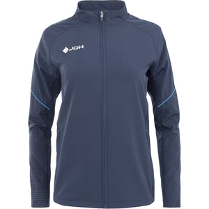 Vooraanzicht van het donkerblauwe Carbon Pro Light damesjack met blauwe accentlijnen