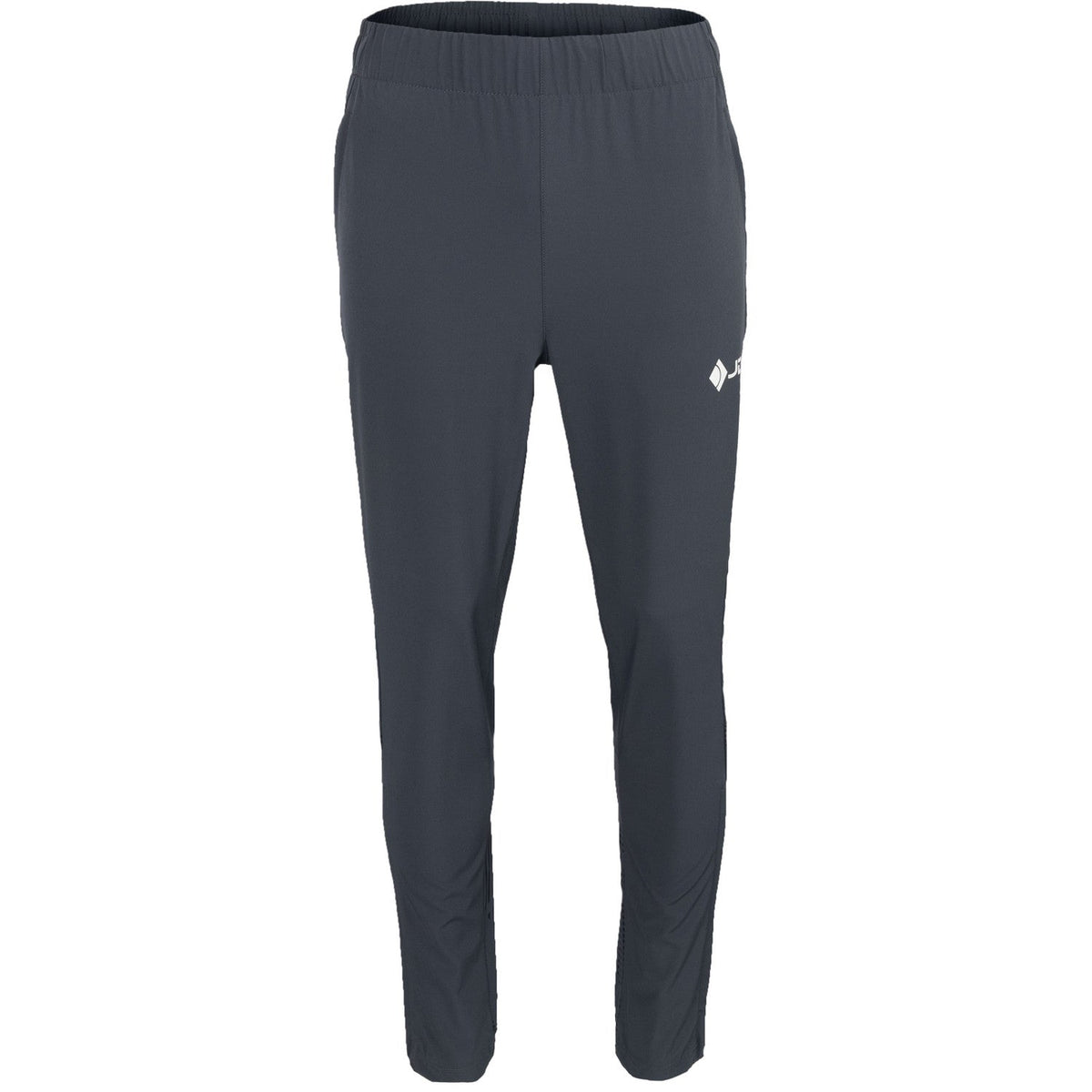Vooraanzicht van de grijze JDH Carbon Pro Light damesbroek met wit logo op de dij
