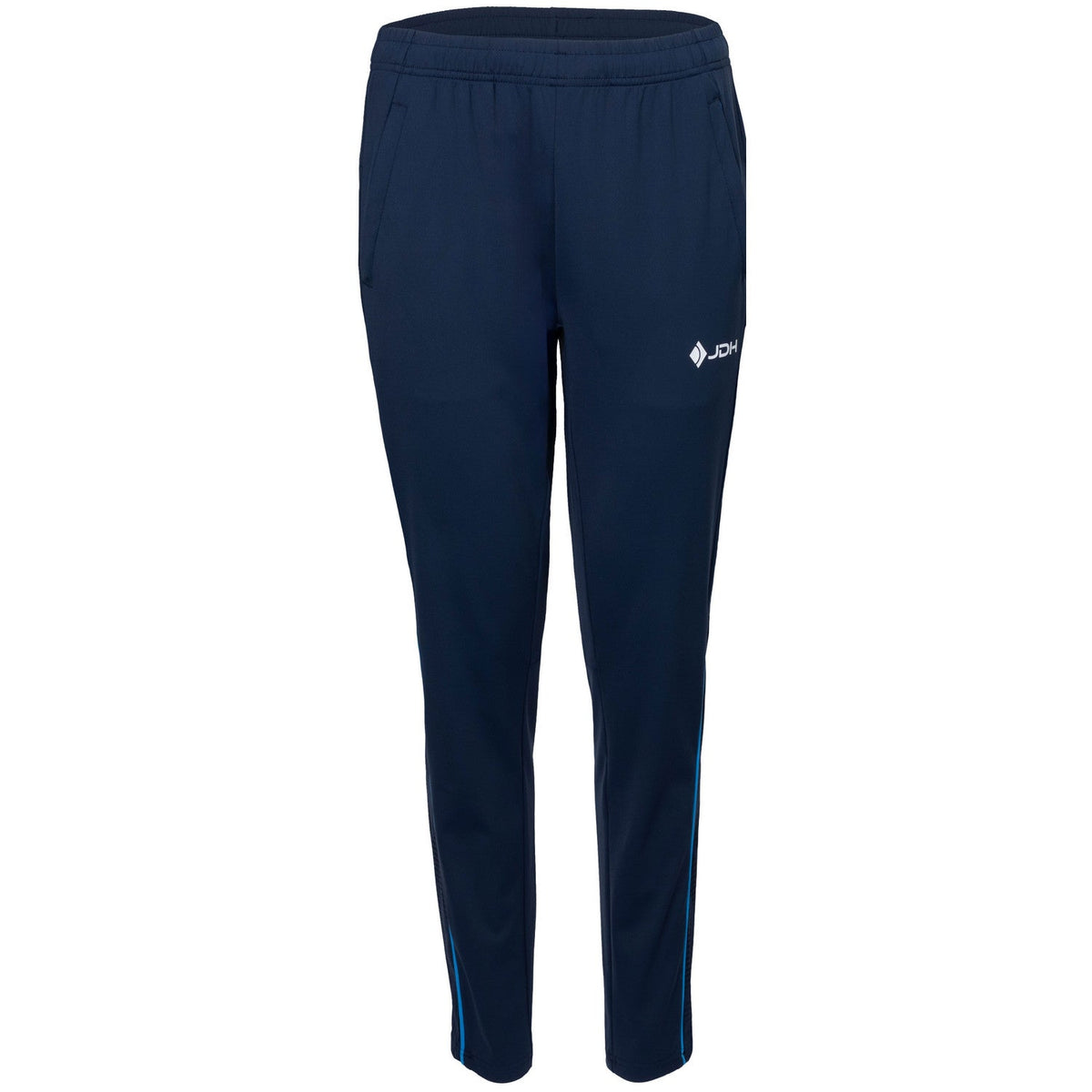 Vooraanzicht van de donkerblauwe JDH Carbon Pro damesbroek met wit logo op de dij