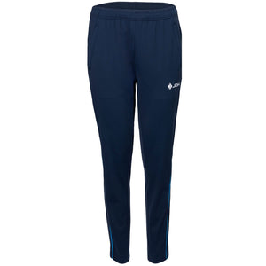 Vooraanzicht van de donkerblauwe JDH Carbon Pro damesbroek met wit logo op de dij
