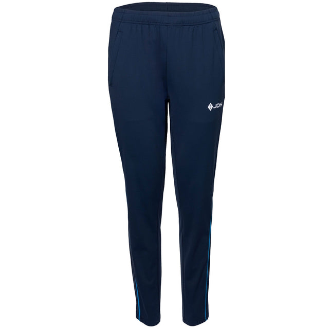 Vooraanzicht van de donkerblauwe JDH Carbon Pro damesbroek met wit logo op de dij