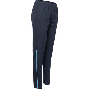 Zijaanzicht van de grijze JDH Carbon Pro damesbroek met blauw accent op het onderbeen