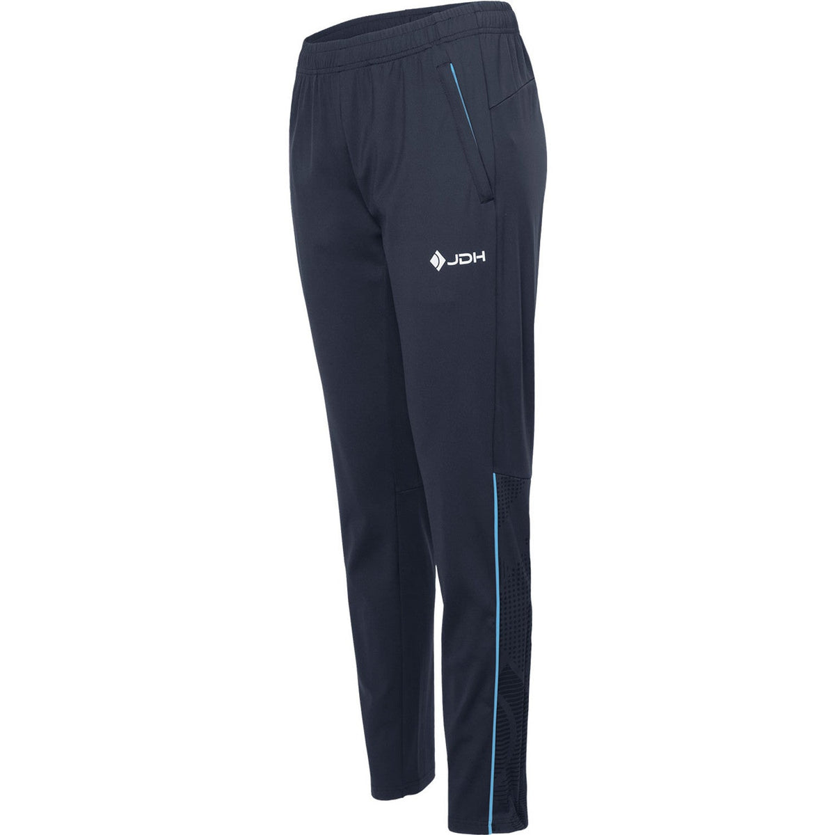 Schuin vooraanzicht van de grijze Carbon Pro damesbroek met ritszak en wit logo