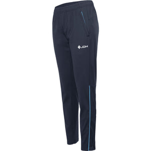 Schuin vooraanzicht van de grijze Carbon Pro damesbroek met ritszak en wit logo