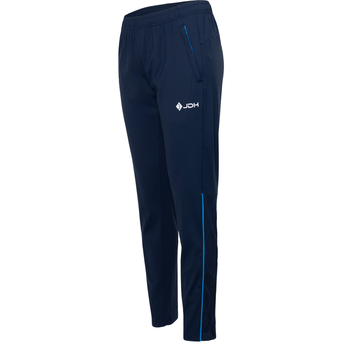 Schuin vooraanzicht van de donkerblauwe Carbon Pro damesbroek met blauw accent