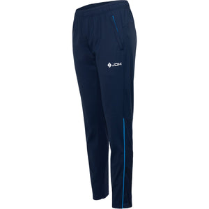 Schuin vooraanzicht van de donkerblauwe Carbon Pro damesbroek met blauw accent