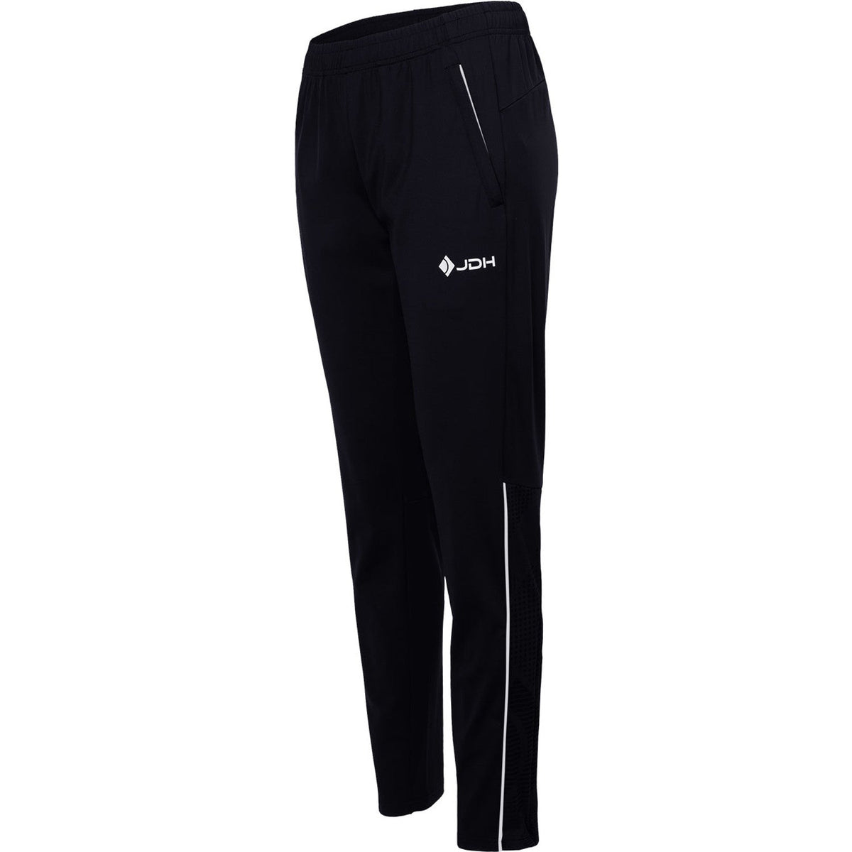 Schuin vooraanzicht van de zwarte Carbon Pro damesbroek met wit logo en ritszak
