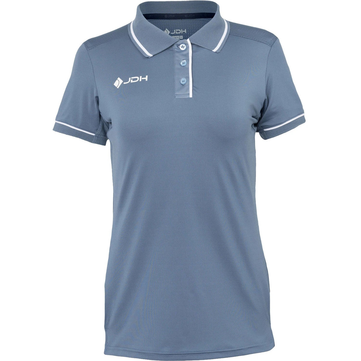JDH Carbon W Pro polo voor dames in grijsblauw, vooraanzicht met witte biezen