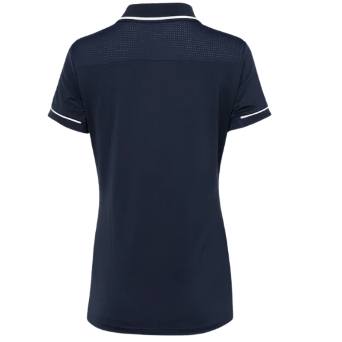 Achterzijde van de marineblauwe JDH Carbon W Pro polo met witte mouwbies