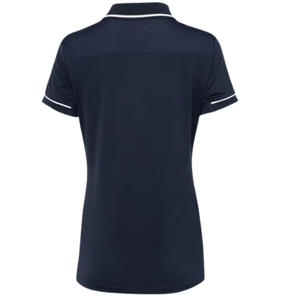Achterzijde van de marineblauwe JDH Carbon W Pro polo met witte mouwbies