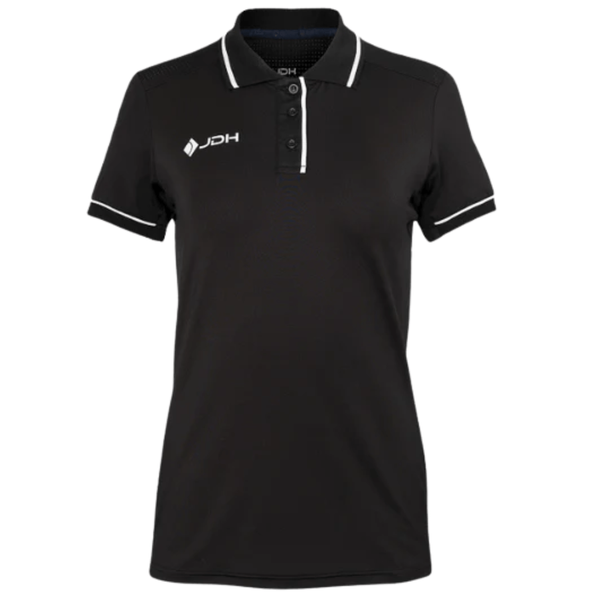 JDH Carbon W Pro polo voor dames in zwart, vooraanzicht met witte biezen