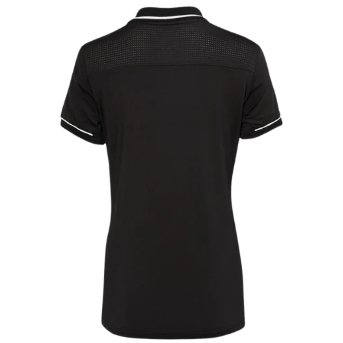 Achterzijde van de zwarte JDH Carbon W Pro polo met witte mouwbies