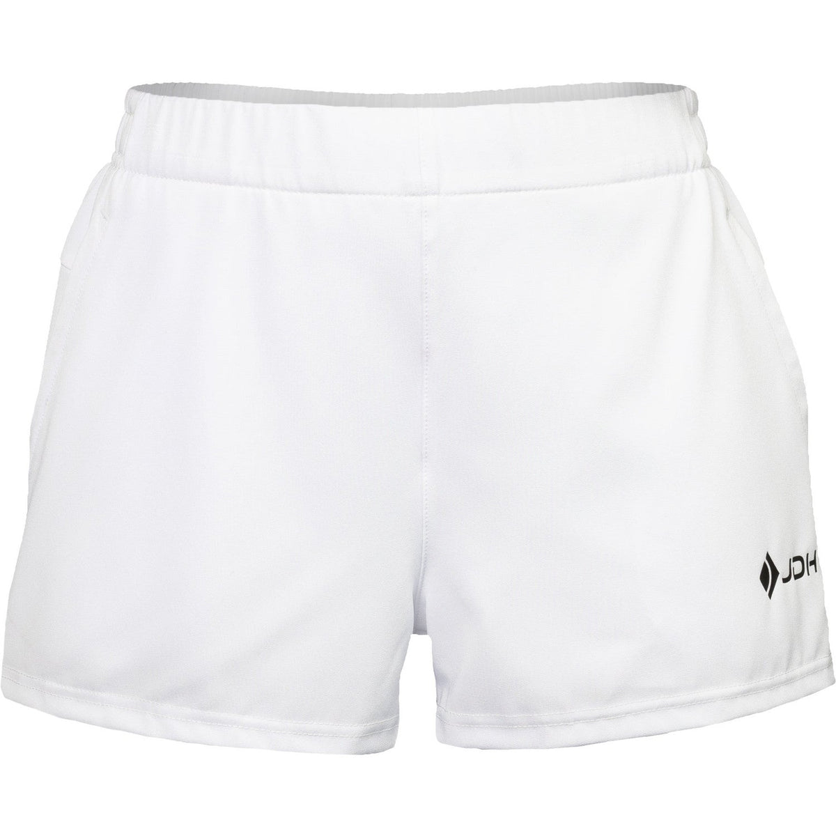Vooraanzicht van de witte JDH Carbon Pro damesshort met klein logo op de rechterpijp