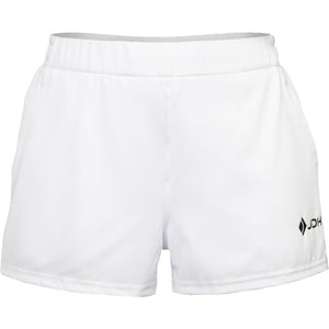 Vooraanzicht van de witte JDH Carbon Pro damesshort met klein logo op de rechterpijp