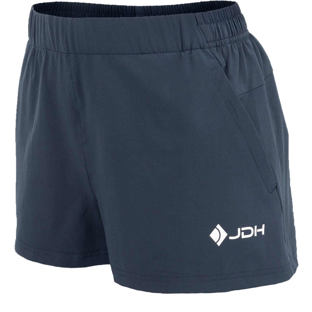 Schuin vooraanzicht van de donkerblauwe Carbon Pro damesshort met groot JDH logo