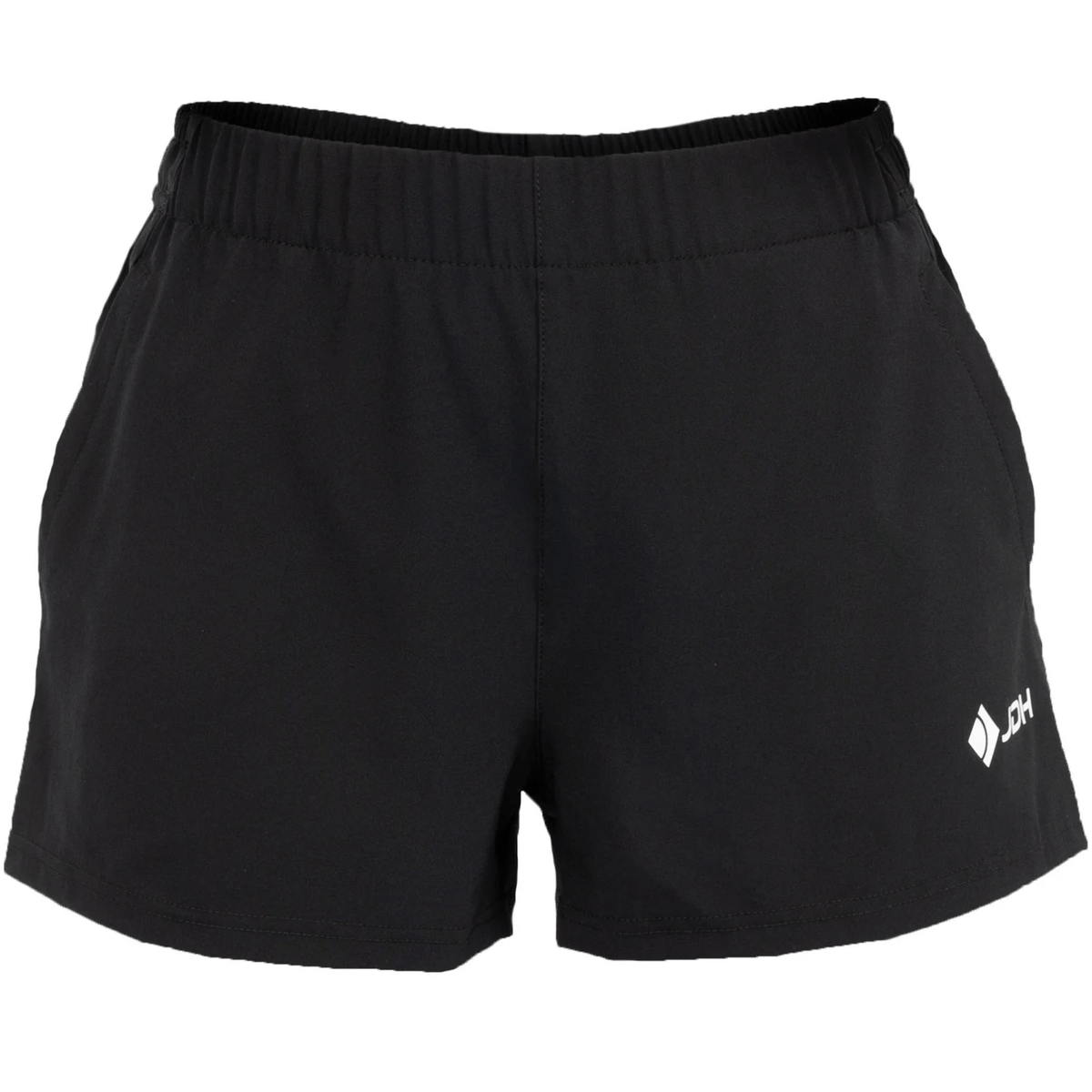 Vooraanzicht van de zwarte JDH Carbon Pro damesshort met klein logo op de rechterpijp