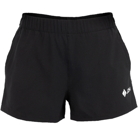 Vooraanzicht van de zwarte JDH Carbon Pro damesshort met klein logo op de rechterpijp