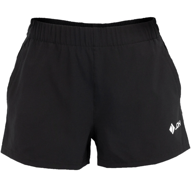 Vooraanzicht van de zwarte JDH Carbon Pro damesshort met klein logo op de rechterpijp