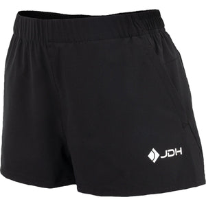 Schuin vooraanzicht van de zwarte Carbon Pro damesshort met wit JDH logo op de pijp