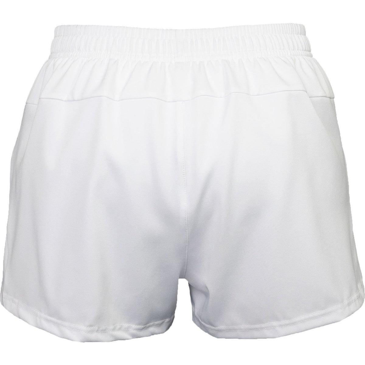 Achteraanzicht van de witte Carbon Pro damesshort met elastische taille en losse pijpen