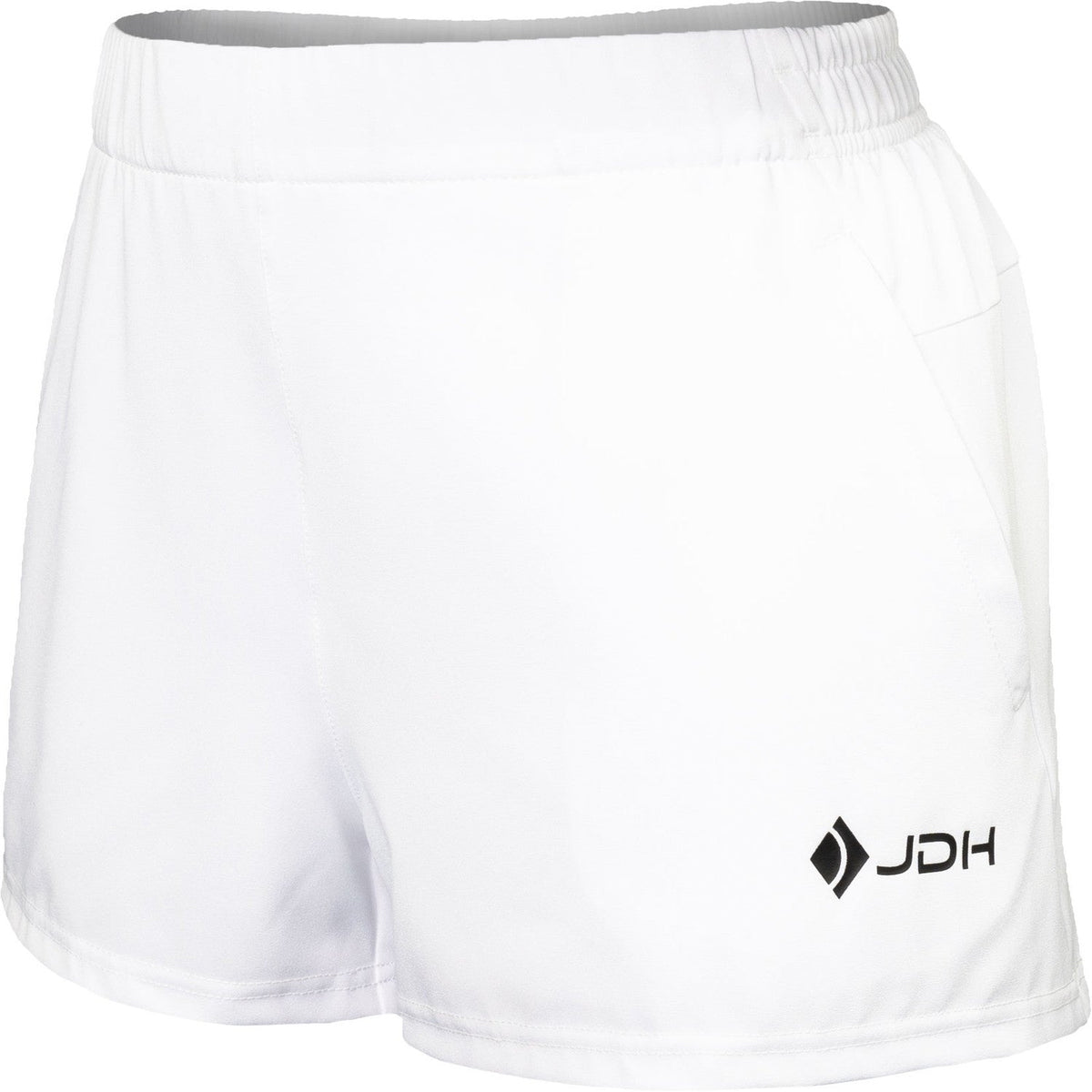 Schuin vooraanzicht van de witte Carbon Pro damesshort met groot JDH logo op de pijp