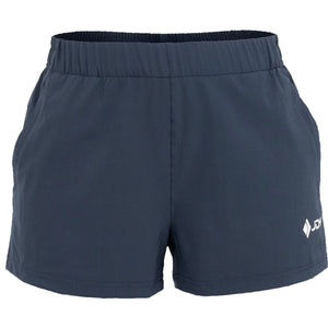 Vooraanzicht van de donkerblauwe JDH Carbon Pro damesshort met logo op de rechterpijp