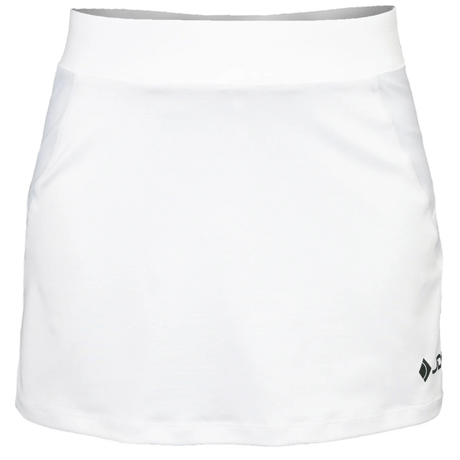 Vooraanzicht van de witte JDH Carbon Pro damesrok met brede tailleband en logo