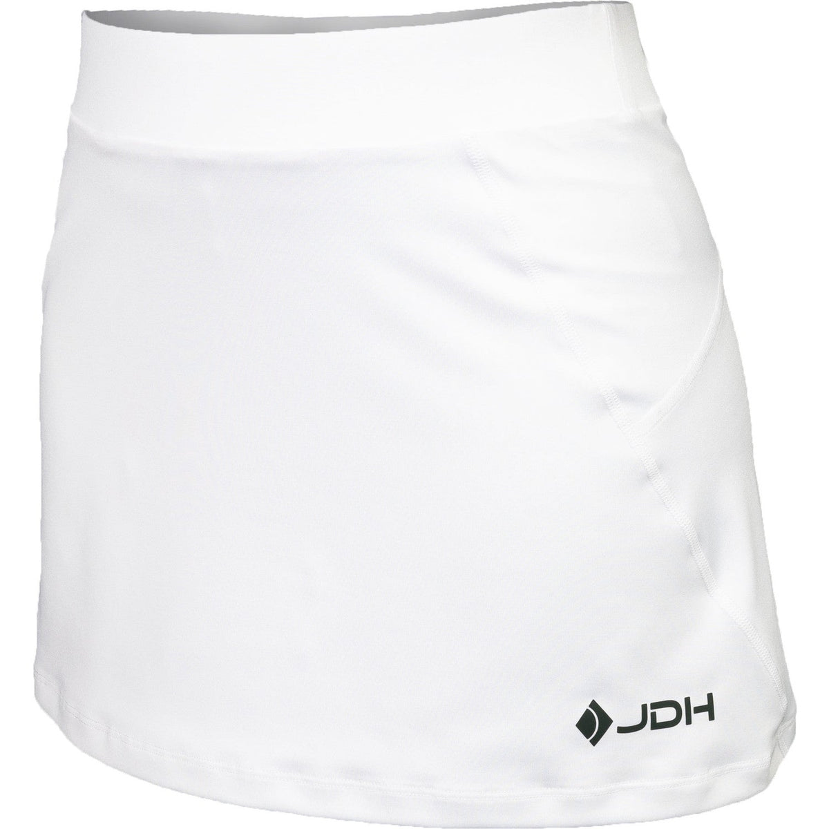 Schuin vooraanzicht van de witte Carbon Pro damesrok met zwart JDH logo op de zoom