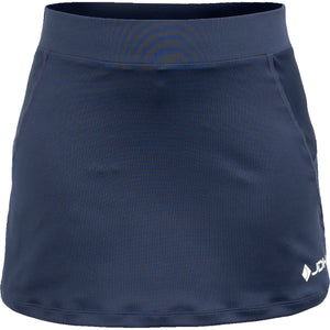 Vooraanzicht van de donkerblauwe JDH Carbon Pro damesrok met wit logo op de zoom