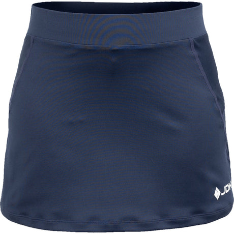 Vooraanzicht van de donkerblauwe JDH Carbon Pro damesrok met wit logo op de zoom